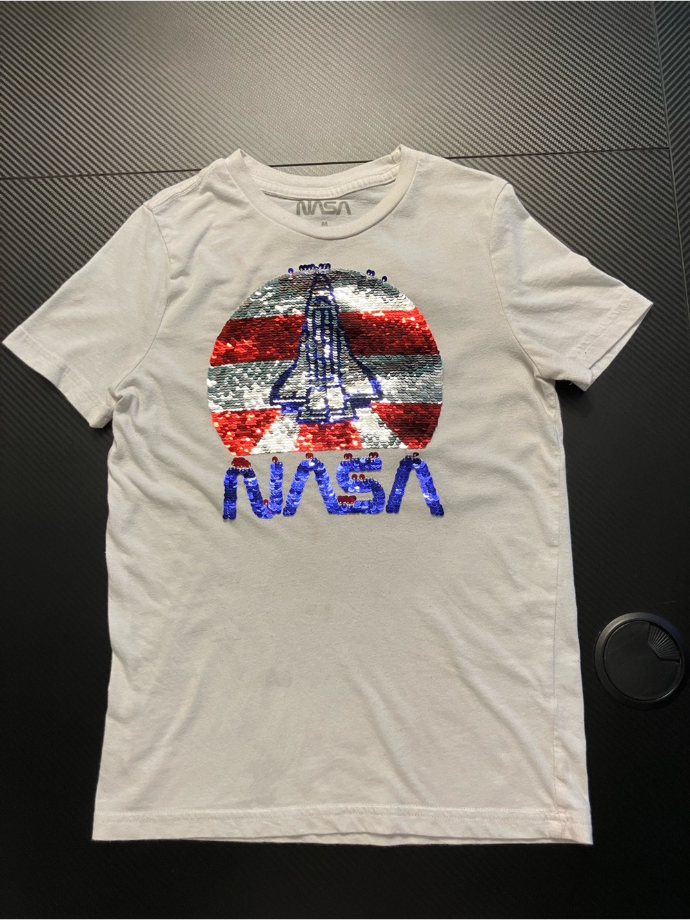 Kid’s White Sequin NASA Logo T-Shirt